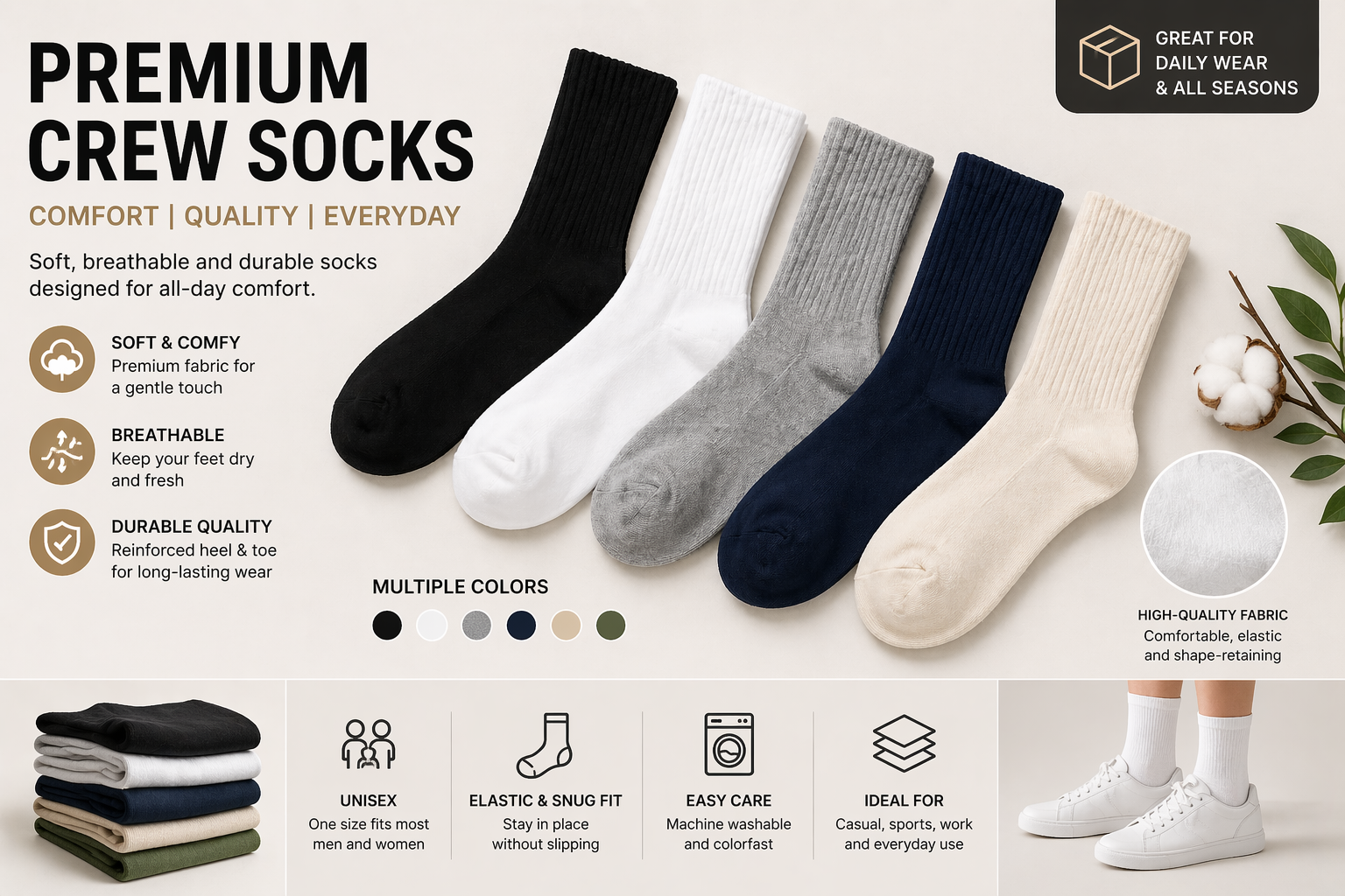 Premium Crew Socks / Unisex Cotton Socks / Multiple Colors / Soft & Breathable / High Quality | Wholesale & Retail