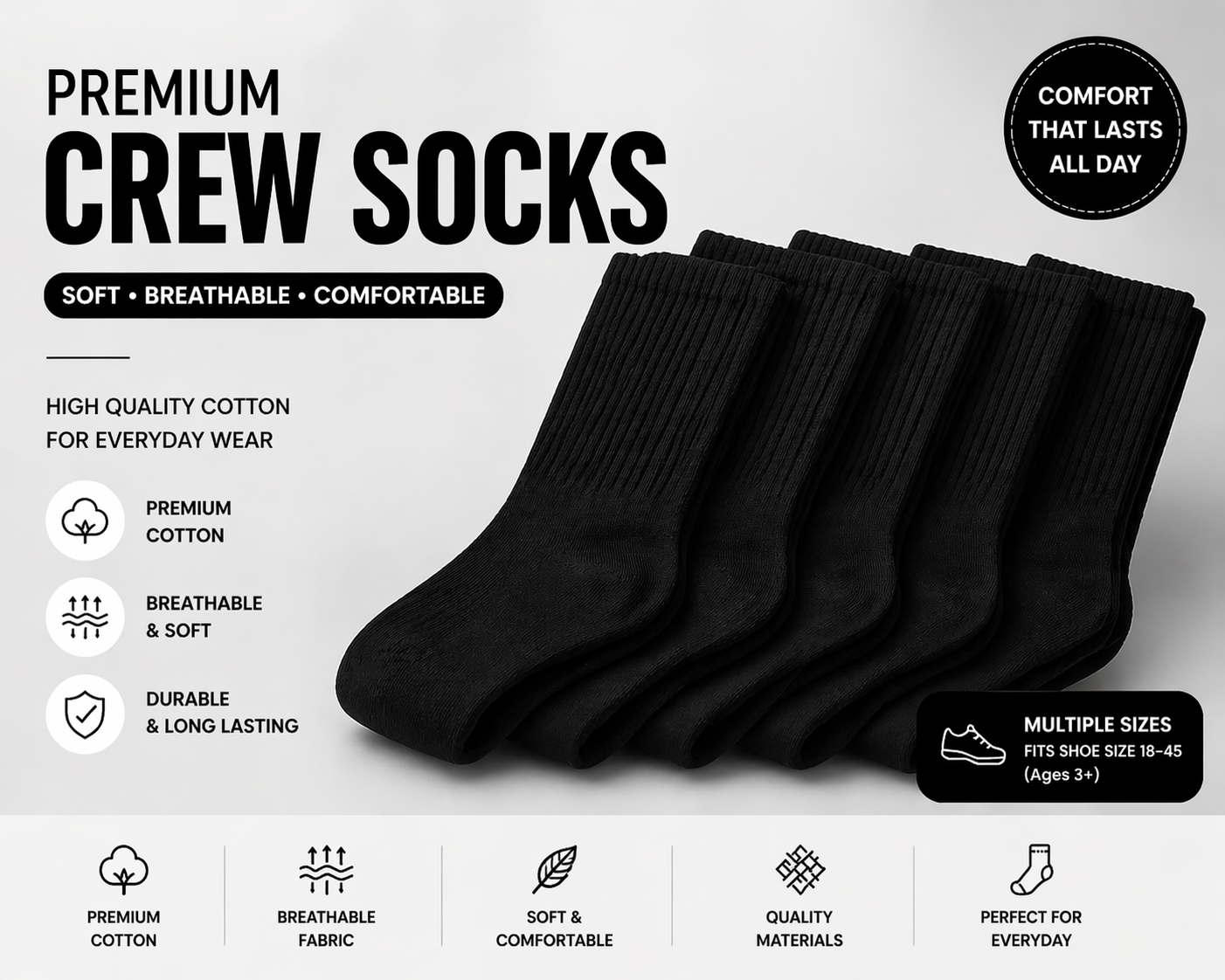 Premium Crew Socks / Unisex Cotton Socks / Multiple Colors / Soft & Breathable / High Quality | Wholesale & Retail