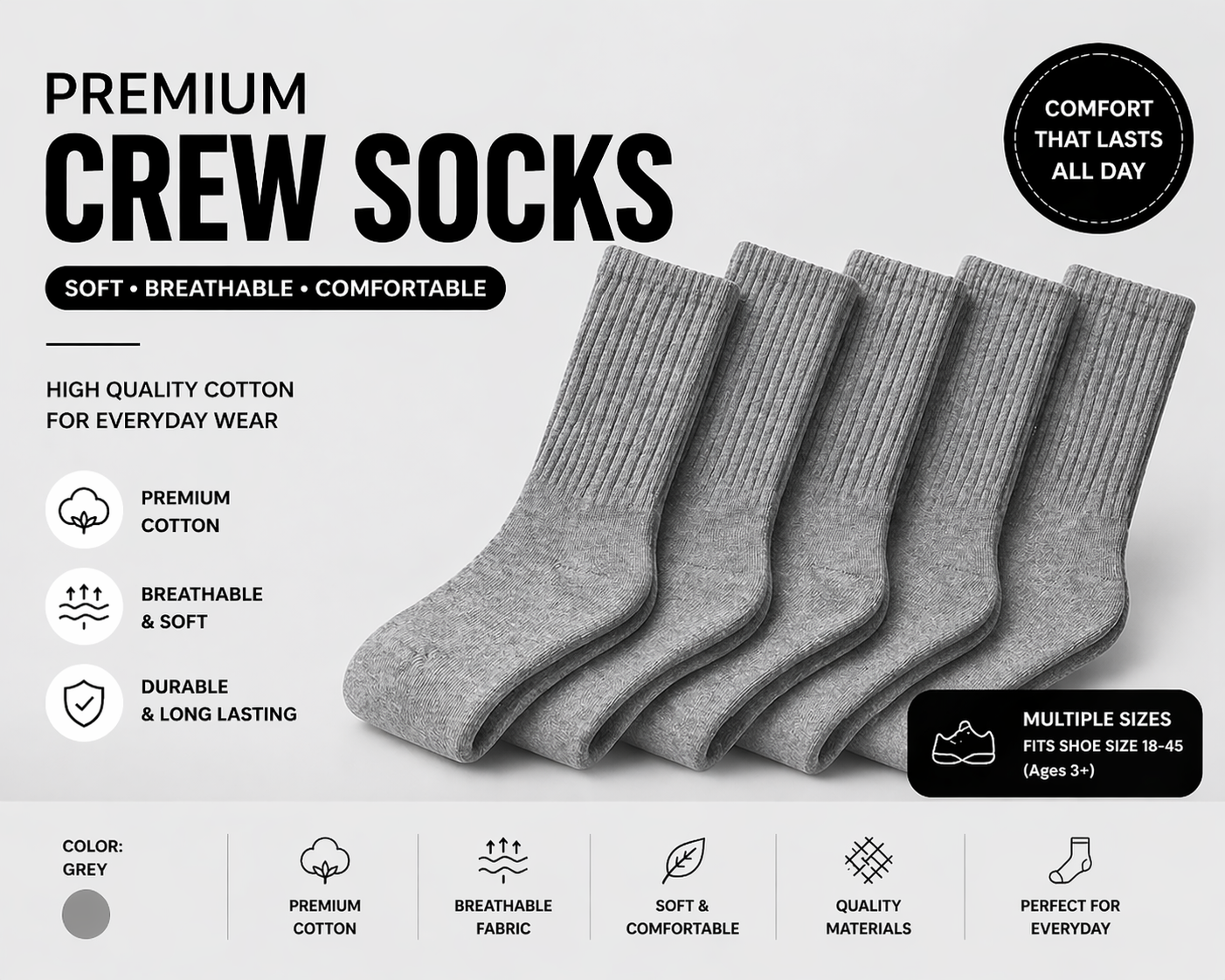Premium Crew Socks / Unisex Cotton Socks / Multiple Colors / Soft & Breathable / High Quality | Wholesale & Retail
