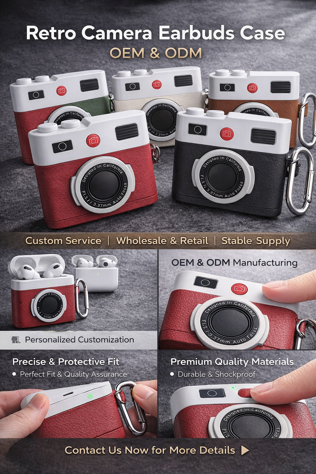Vintage Camera Earbuds Case / Retro Leather Design / Multi-Color / Shockproof Cover with Carabiner / High Quality