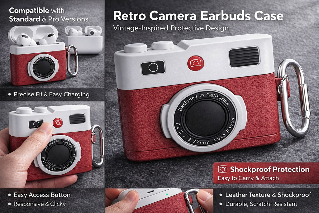 Vintage Camera Earbuds Case / Retro Leather Design / Multi-Color / Shockproof Cover with Carabiner / High Quality