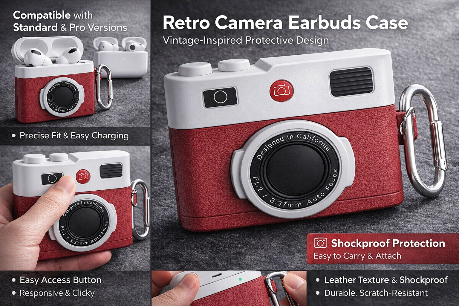 Vintage Camera Earbuds Case / Retro Leather Design / Multi-Color / Shockproof Cover with Carabiner / High Quality